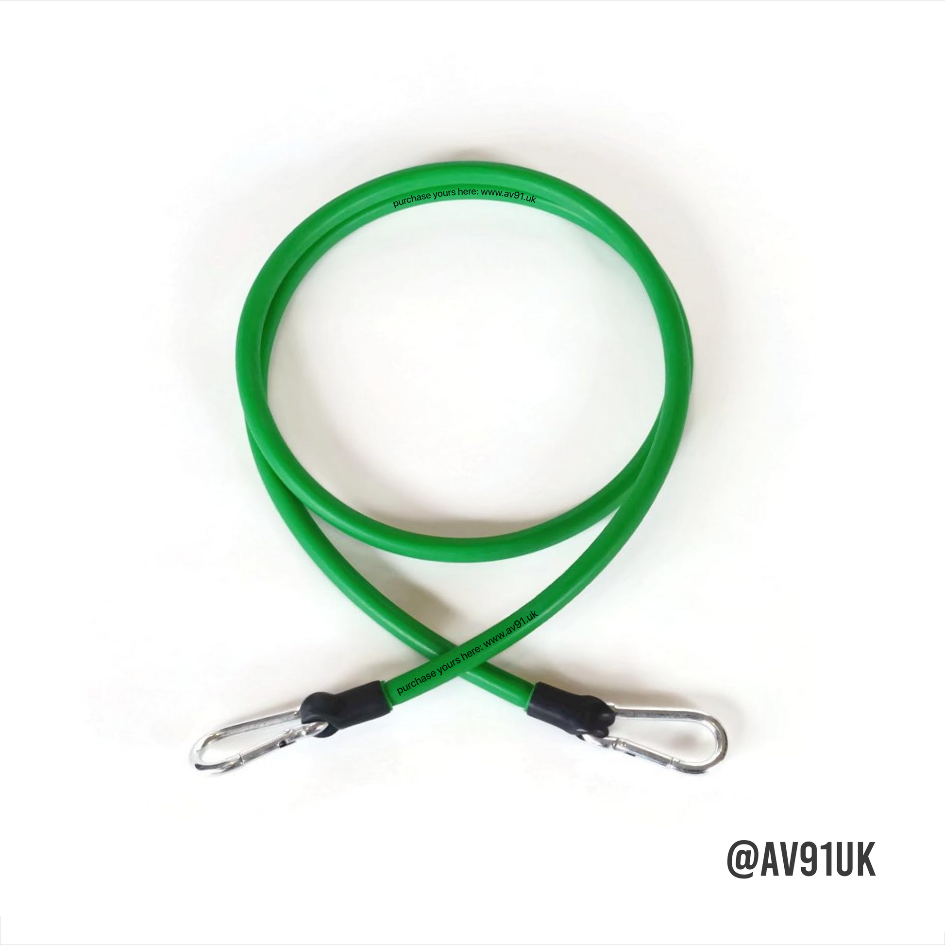 Green resistance band with foam handles and carabiner clips. Perfect for strength, boxing, and mobility training at home or in the gym. Portable and durable.
