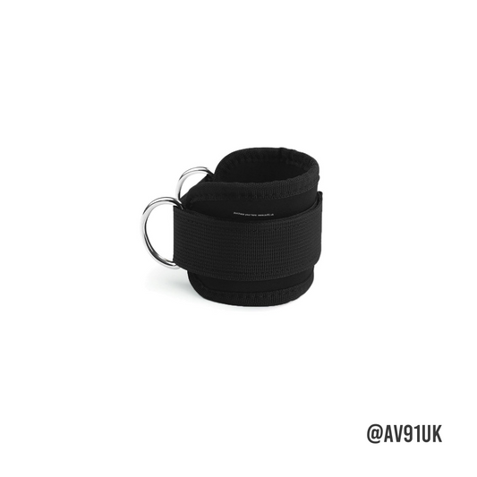 Standard Black ankle straps with D-ring attachments for resistance bands and cable machines. Durable deal for glute, leg, and lower body workouts. 