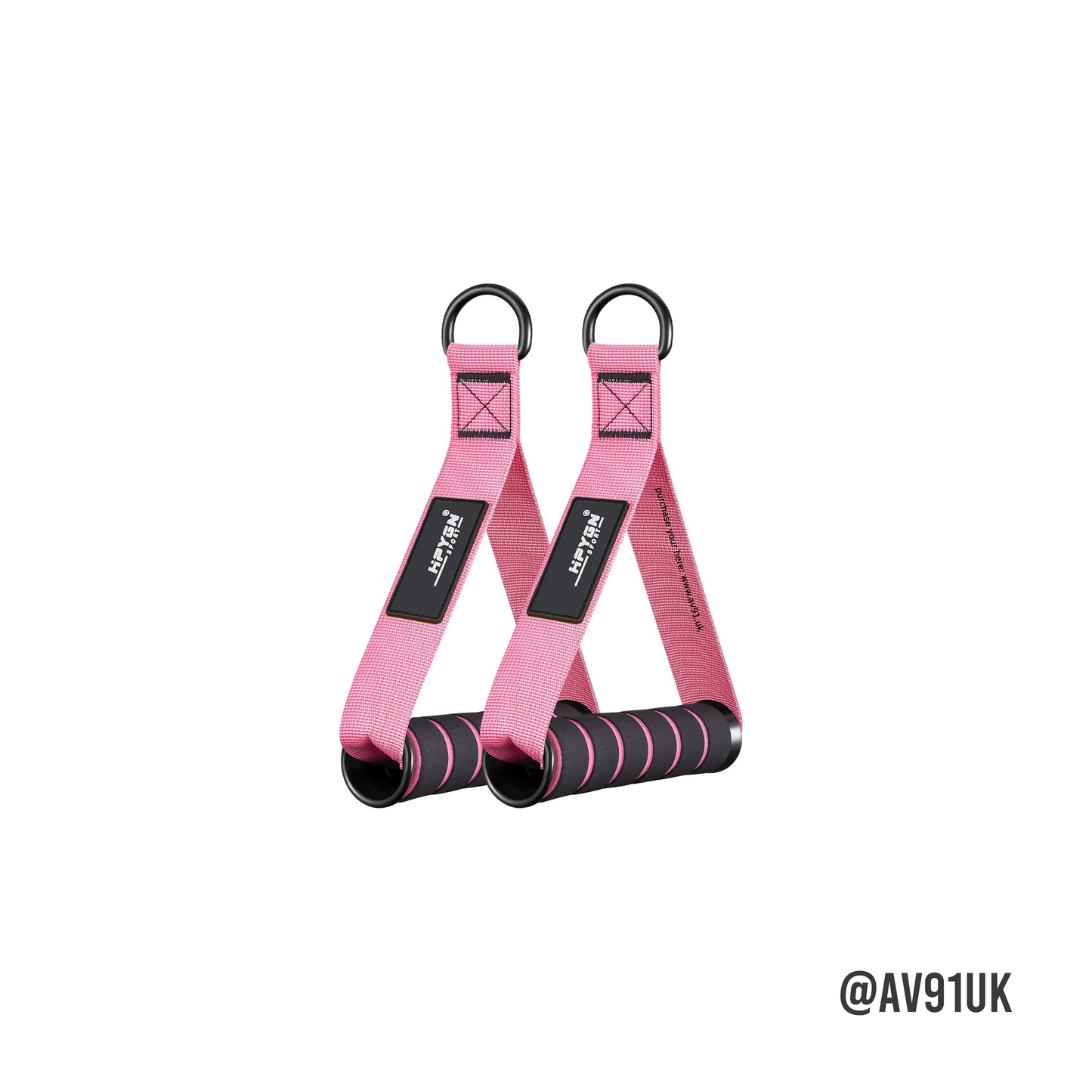Comfortable, durable pink resistance band handles with foam grips and metal rings. Great for strength training, boxing drills, and full-body workouts.