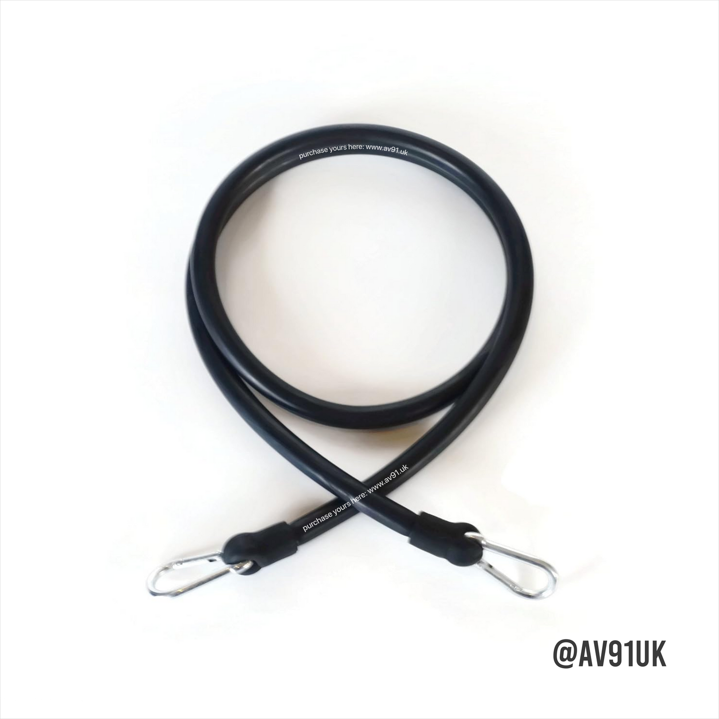 Black resistance band with foam handles and carabiner clips. Perfect for strength, boxing, and mobility training at home or in the gym. Portable and durable.