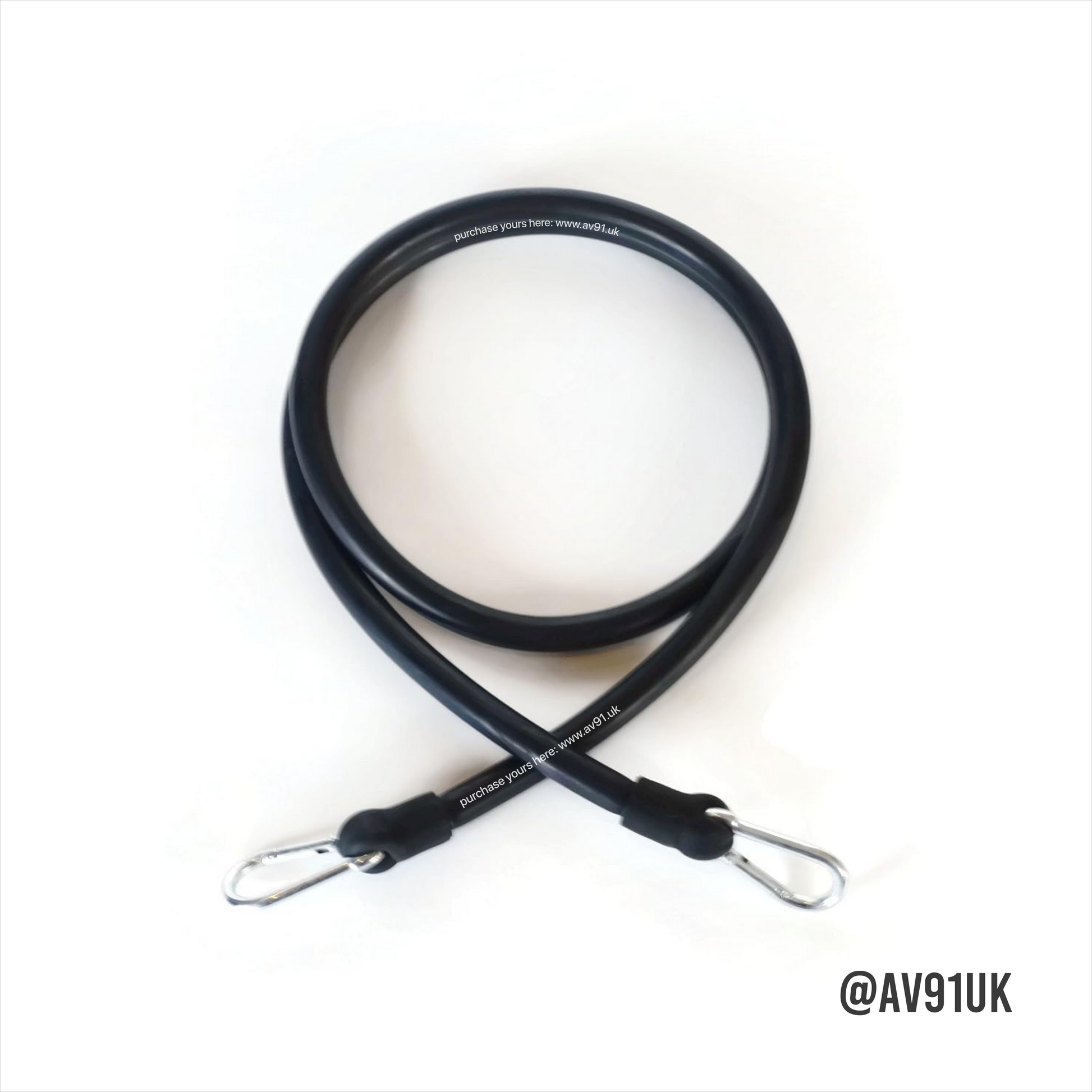 Black resistance band with foam handles and carabiner clips. Perfect for strength, boxing, and mobility training at home or in the gym. Portable and durable.