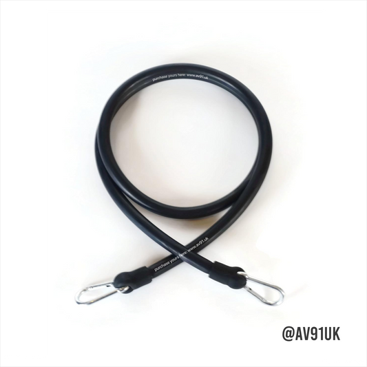 Black resistance band with foam handles and carabiner clips. Perfect for strength, boxing, and mobility training at home or in the gym. Portable and durable.