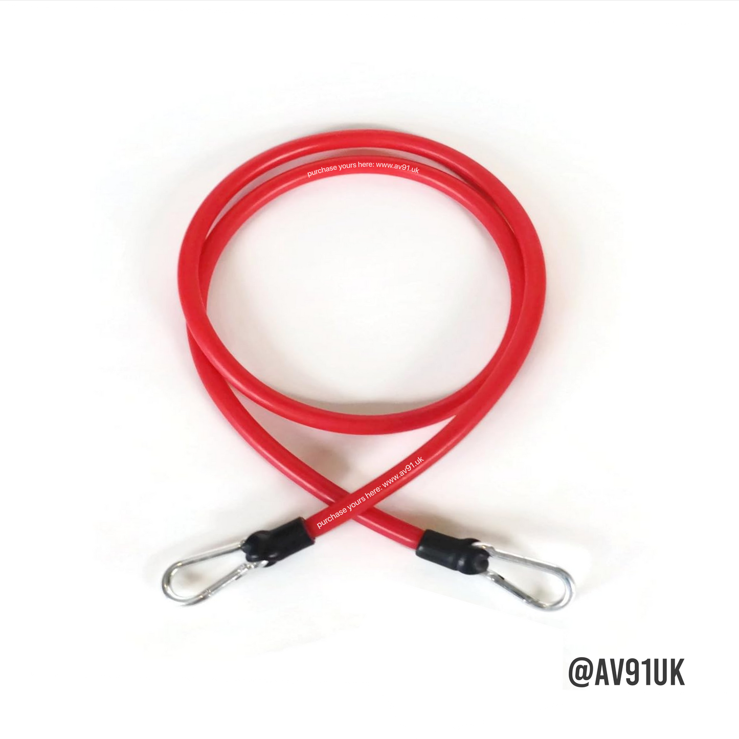 Red resistance band with foam handles and carabiner clips. Perfect for strength, boxing, and mobility training at home or in the gym. Portable and durable.